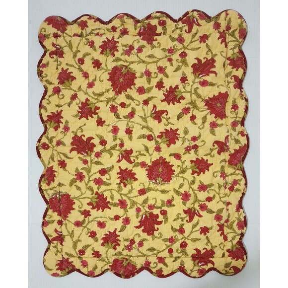 Pottery Barn Linen Cotton 2 Pillow Shams Floral Red Yellow Quilted Reversible - Picture 5 of 9
